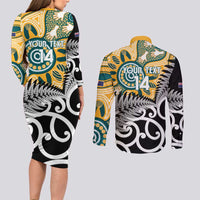New Zealand Australia Rugby Custom Couples Matching Long Sleeve Bodycon Dress and Long Sleeve Button Shirt Wallabies Aboriginal All Black Maori Tiki Together - Polynesian Pride