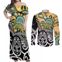 New Zealand Australia Rugby Custom Couples Matching Off Shoulder Maxi Dress and Long Sleeve Button Shirt Wallabies Aboriginal All Black Maori Tiki Together - Polynesian Pride