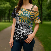 New Zealand Australia Rugby Custom Cross Shoulder Shirt Wallabies Aboriginal All Black Maori Tiki Together - Polynesian Pride