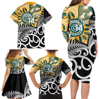 New Zealand Australia Rugby Custom Family Matching Long Sleeve Bodycon Dress and Hawaiian Shirt Wallabies Aboriginal All Black Maori Tiki Together LT14 - Polynesian Pride