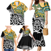 New Zealand Australia Rugby Custom Family Matching Mermaid Dress and Hawaiian Shirt Wallabies Aboriginal All Black Maori Tiki Together LT14 - Polynesian Pride