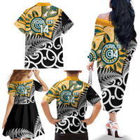 New Zealand Australia Rugby Custom Family Matching Off The Shoulder Long Sleeve Dress and Hawaiian Shirt Wallabies Aboriginal All Black Maori Tiki Together LT14 - Polynesian Pride
