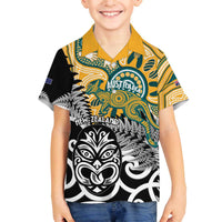 New Zealand Australia Rugby Custom Family Matching Off The Shoulder Long Sleeve Dress and Hawaiian Shirt Wallabies Aboriginal All Black Maori Tiki Together LT14 Son's Shirt Black - Polynesian Pride