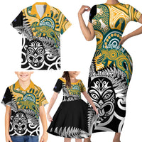 New Zealand Australia Rugby Custom Family Matching Short Sleeve Bodycon Dress and Hawaiian Shirt Wallabies Aboriginal All Black Maori Tiki Together LT14 - Polynesian Pride