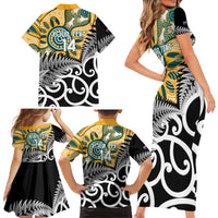 New Zealand Australia Rugby Custom Family Matching Short Sleeve Bodycon Dress and Hawaiian Shirt Wallabies Aboriginal All Black Maori Tiki Together LT14 - Polynesian Pride