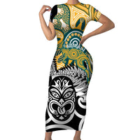 New Zealand Australia Rugby Custom Family Matching Short Sleeve Bodycon Dress and Hawaiian Shirt Wallabies Aboriginal All Black Maori Tiki Together LT14 Mom's Dress Black - Polynesian Pride