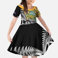 New Zealand Australia Rugby Custom Family Matching Tank Maxi Dress and Hawaiian Shirt Wallabies Aboriginal All Black Maori Tiki Together LT14 Daughter's Dress Black - Polynesian Pride