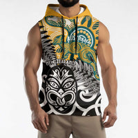New Zealand Australia Rugby Custom Sleeveless Hoodie Wallabies Aboriginal All Black Maori Tiki Together - Polynesian Pride