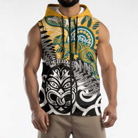 New Zealand Australia Rugby Custom Sleeveless Zip Hoodie Wallabies Aboriginal All Black Maori Tiki Together LT14 - Polynesian Pride