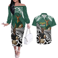 New Zealand South Africa Rugby Custom Couples Matching Off The Shoulder Long Sleeve Dress and Hawaiian Shirt Springboks Kente All Black Maori Together LT14 Green - Polynesian Pride