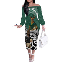 New Zealand South Africa Rugby Custom Family Matching Off The Shoulder Long Sleeve Dress and Hawaiian Shirt Springboks Kente All Black Maori Together LT14 Mom's Dress Green - Polynesian Pride