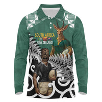 New Zealand South Africa Rugby Custom Long Sleeve Polo Shirt Springboks Kente All Black Maori Together LT14 Green - Polynesian Pride