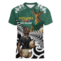 New Zealand South Africa Rugby Custom Women V-Neck T-Shirt Springboks Kente All Black Maori Together LT14 Female Green - Polynesian Pride