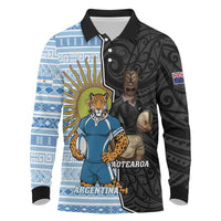 New Zealand Argentina Rugby Custom Long Sleeve Polo Shirt 2025 Los Pumas All Black Together LT14 Black - Polynesian Pride