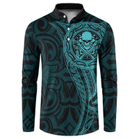 New Zealand Skull Darts Button Sweatshirt Aotearoa Maori Chest Tattoo Stylized Teal - Polynesian Pride