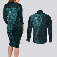 New Zealand Skull Darts Couples Matching Long Sleeve Bodycon Dress and Long Sleeve Button Shirt Aotearoa Maori Chest Tattoo Stylized Teal - Polynesian Pride