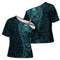 New Zealand Skull Darts Cross Shoulder Shirt Aotearoa Maori Chest Tattoo Stylized Teal - Polynesian Pride