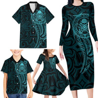 New Zealand Skull Darts Family Matching Long Sleeve Bodycon Dress and Hawaiian Shirt Aotearoa Maori Chest Tattoo Stylized Teal LT14 - Polynesian Pride