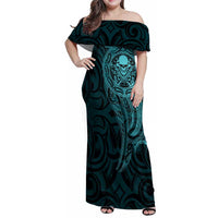 New Zealand Skull Darts Family Matching Off Shoulder Maxi Dress and Hawaiian Shirt Aotearoa Maori Chest Tattoo Stylized Teal LT14 Mom's Dress Teal - Polynesian Pride