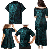 New Zealand Skull Darts Family Matching Puletasi and Hawaiian Shirt Aotearoa Maori Chest Tattoo Stylized Teal - Polynesian Pride