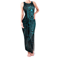 New Zealand Skull Darts Family Matching Tank Maxi Dress and Hawaiian Shirt Aotearoa Maori Chest Tattoo Stylized Teal LT14 Mom's Dress Teal - Polynesian Pride