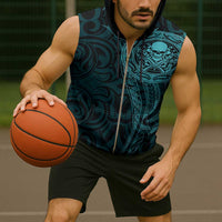 New Zealand Skull Darts Sleeveless Zip Hoodie Aotearoa Maori Chest Tattoo Stylized Teal - Polynesian Pride