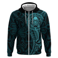 New Zealand Skull Darts Zip Hoodie Aotearoa Maori Chest Tattoo Stylized Teal - Polynesian Pride