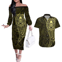 New Zealand Skull Darts Couples Matching Off The Shoulder Long Sleeve Dress and Hawaiian Shirt Aotearoa Maori Chest Tattoo Stylized Gold LT14 Gold - Polynesian Pride