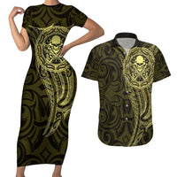New Zealand Skull Darts Couples Matching Short Sleeve Bodycon Dress and Hawaiian Shirt Aotearoa Maori Chest Tattoo Stylized Gold - Polynesian Pride