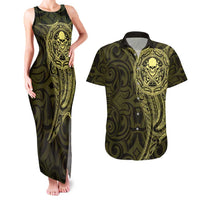 New Zealand Skull Darts Couples Matching Tank Maxi Dress and Hawaiian Shirt Aotearoa Maori Chest Tattoo Stylized Gold - Polynesian Pride