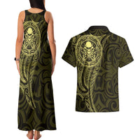 New Zealand Skull Darts Couples Matching Tank Maxi Dress and Hawaiian Shirt Aotearoa Maori Chest Tattoo Stylized Gold - Polynesian Pride
