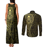 New Zealand Skull Darts Couples Matching Tank Maxi Dress and Long Sleeve Button Shirt Aotearoa Maori Chest Tattoo Stylized Gold - Polynesian Pride