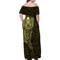 New Zealand Skull Darts Family Matching Off Shoulder Maxi Dress and Hawaiian Shirt Aotearoa Maori Chest Tattoo Stylized Gold LT14 - Polynesian Pride