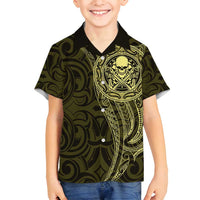 New Zealand Skull Darts Family Matching Off Shoulder Maxi Dress and Hawaiian Shirt Aotearoa Maori Chest Tattoo Stylized Gold LT14 Son's Shirt Gold - Polynesian Pride
