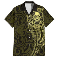 New Zealand Skull Darts Family Matching Off Shoulder Short Dress and Hawaiian Shirt Aotearoa Maori Chest Tattoo Stylized Gold LT14 Dad's Shirt - Short Sleeve Gold - Polynesian Pride