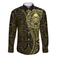 New Zealand Skull Darts Family Matching Off Shoulder Short Dress and Hawaiian Shirt Aotearoa Maori Chest Tattoo Stylized Gold LT14 Dad's Shirt - Long Sleeve Gold - Polynesian Pride