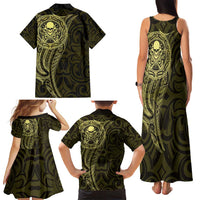 New Zealand Skull Darts Family Matching Tank Maxi Dress and Hawaiian Shirt Aotearoa Maori Chest Tattoo Stylized Gold LT14 - Polynesian Pride