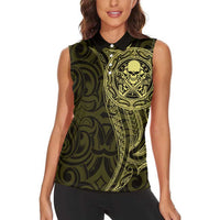 New Zealand Skull Darts Women Sleeveless Polo Shirt Aotearoa Maori Chest Tattoo Stylized Gold LT14 - Polynesian Pride