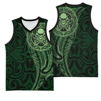 New Zealand Skull Darts Basketball Jersey Aotearoa Maori Chest Tattoo Stylized Green - Polynesian Pride