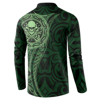 New Zealand Skull Darts Button Sweatshirt Aotearoa Maori Chest Tattoo Stylized Green - Polynesian Pride