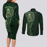 New Zealand Skull Darts Couples Matching Long Sleeve Bodycon Dress and Long Sleeve Button Shirt Aotearoa Maori Chest Tattoo Stylized Green - Polynesian Pride