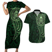 New Zealand Skull Darts Couples Matching Short Sleeve Bodycon Dress and Hawaiian Shirt Aotearoa Maori Chest Tattoo Stylized Green - Polynesian Pride