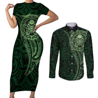 New Zealand Skull Darts Couples Matching Short Sleeve Bodycon Dress and Long Sleeve Button Shirt Aotearoa Maori Chest Tattoo Stylized Green - Polynesian Pride
