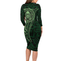 New Zealand Skull Darts Family Matching Long Sleeve Bodycon Dress and Hawaiian Shirt Aotearoa Maori Chest Tattoo Stylized Green LT14 - Polynesian Pride