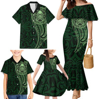 New Zealand Skull Darts Family Matching Mermaid Dress and Hawaiian Shirt Aotearoa Maori Chest Tattoo Stylized Green LT14 - Polynesian Pride
