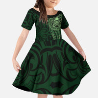New Zealand Skull Darts Family Matching Off The Shoulder Long Sleeve Dress and Hawaiian Shirt Aotearoa Maori Chest Tattoo Stylized Green LT14 Daughter's Dress Green - Polynesian Pride