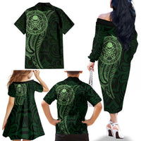 New Zealand Skull Darts Family Matching Off The Shoulder Long Sleeve Dress and Hawaiian Shirt Aotearoa Maori Chest Tattoo Stylized Green LT14 - Polynesian Pride