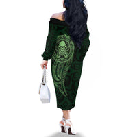 New Zealand Skull Darts Family Matching Off The Shoulder Long Sleeve Dress and Hawaiian Shirt Aotearoa Maori Chest Tattoo Stylized Green LT14 - Polynesian Pride