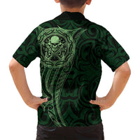 New Zealand Skull Darts Family Matching Puletasi and Hawaiian Shirt Aotearoa Maori Chest Tattoo Stylized Green - Polynesian Pride
