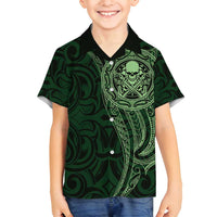 New Zealand Skull Darts Family Matching Puletasi and Hawaiian Shirt Aotearoa Maori Chest Tattoo Stylized Green - Polynesian Pride